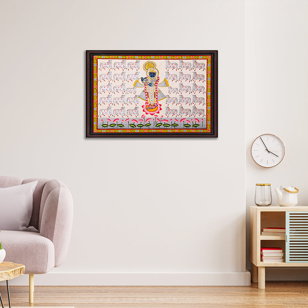 Shrinathji Gau-Seva Pichwai Painting – Hand-Painted Rajasthani Art (3 x 4 ft)