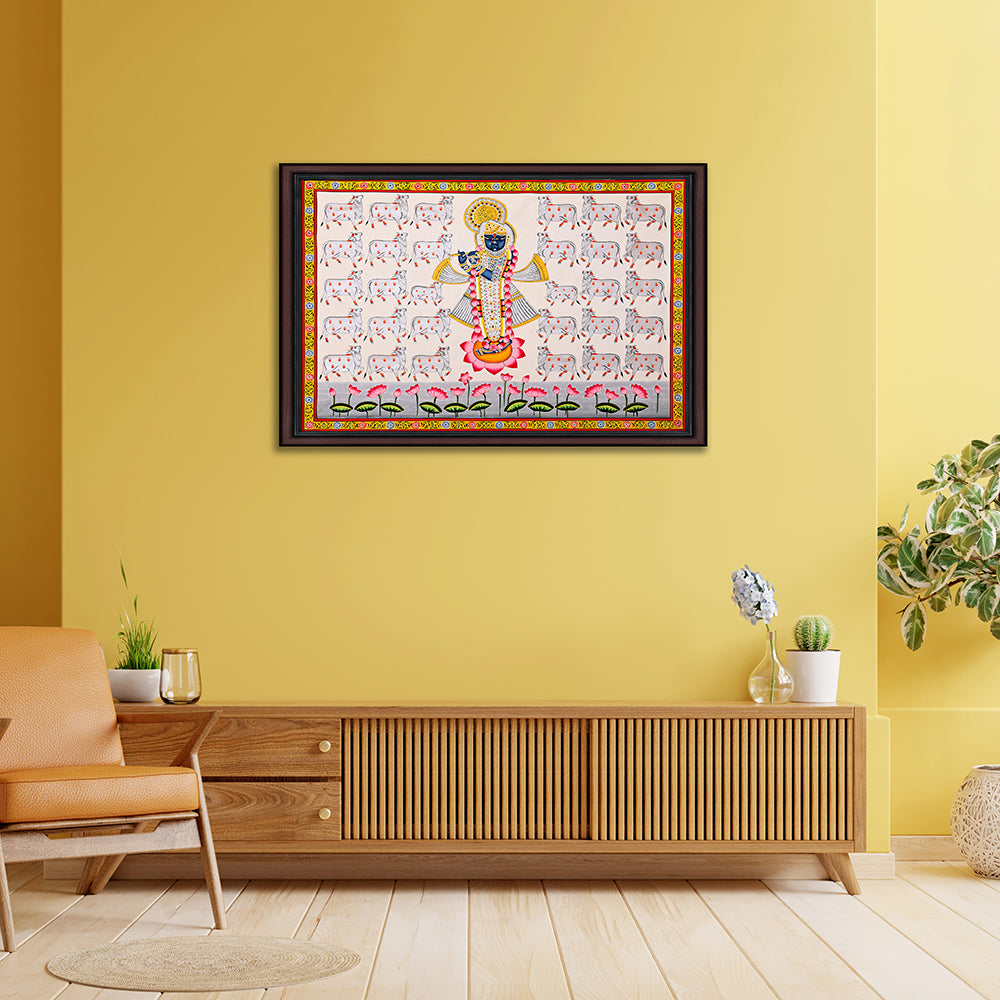 Shrinathji Gau-Seva Pichwai Painting – Hand-Painted Rajasthani Art (3 x 4 ft)
