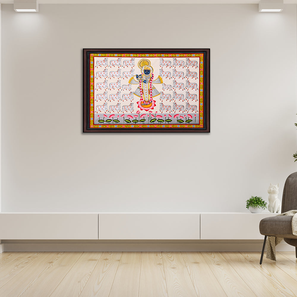Shrinathji Gau-Seva Pichwai Painting – Hand-Painted Rajasthani Art (3 x 4 ft)