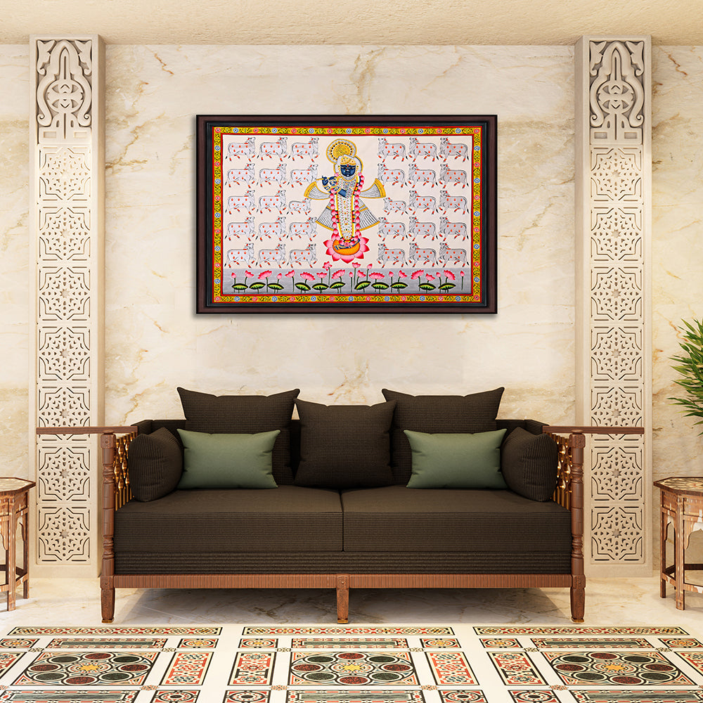 Shrinathji Gau-Seva Pichwai Painting – Hand-Painted Rajasthani Art (3 x 4 ft)