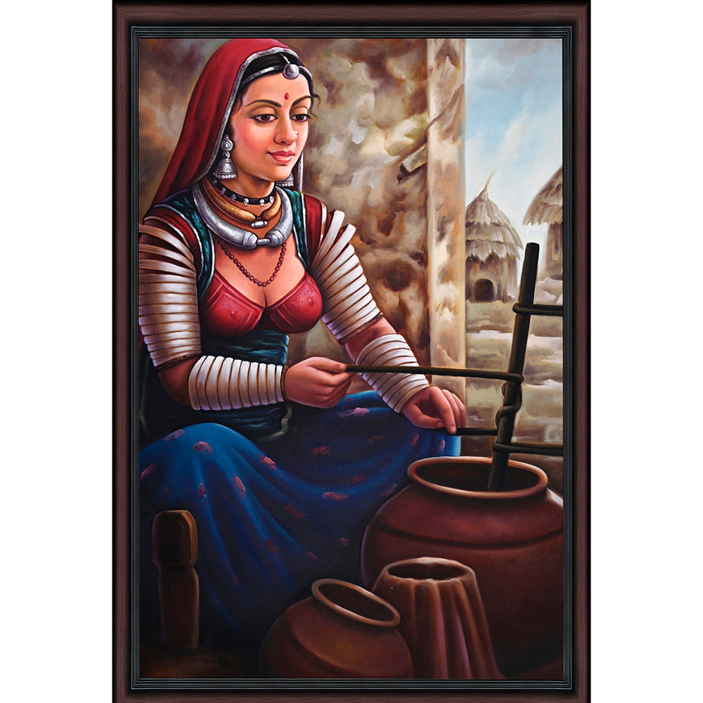 Rajasthani Woman Churning Ghee Canvas Painting - Hand-Painted Acrylic Art