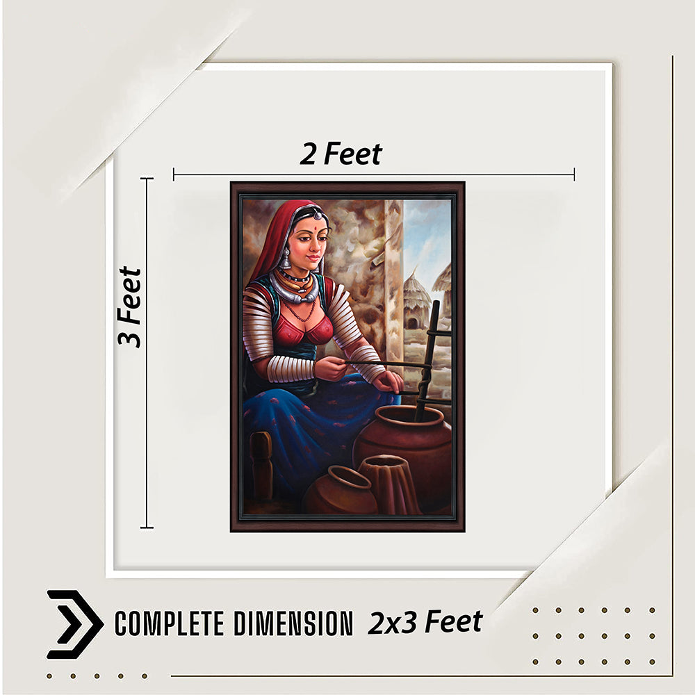 Rajasthani Woman Churning Ghee Canvas Painting - Hand-Painted Acrylic Art