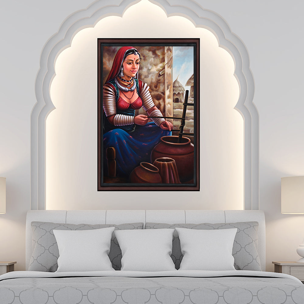 Rajasthani Woman Churning Ghee Canvas Painting - Hand-Painted Acrylic Art