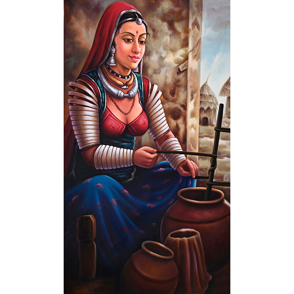 Rajasthani Woman Churning Ghee Canvas Painting - Hand-Painted Acrylic Art