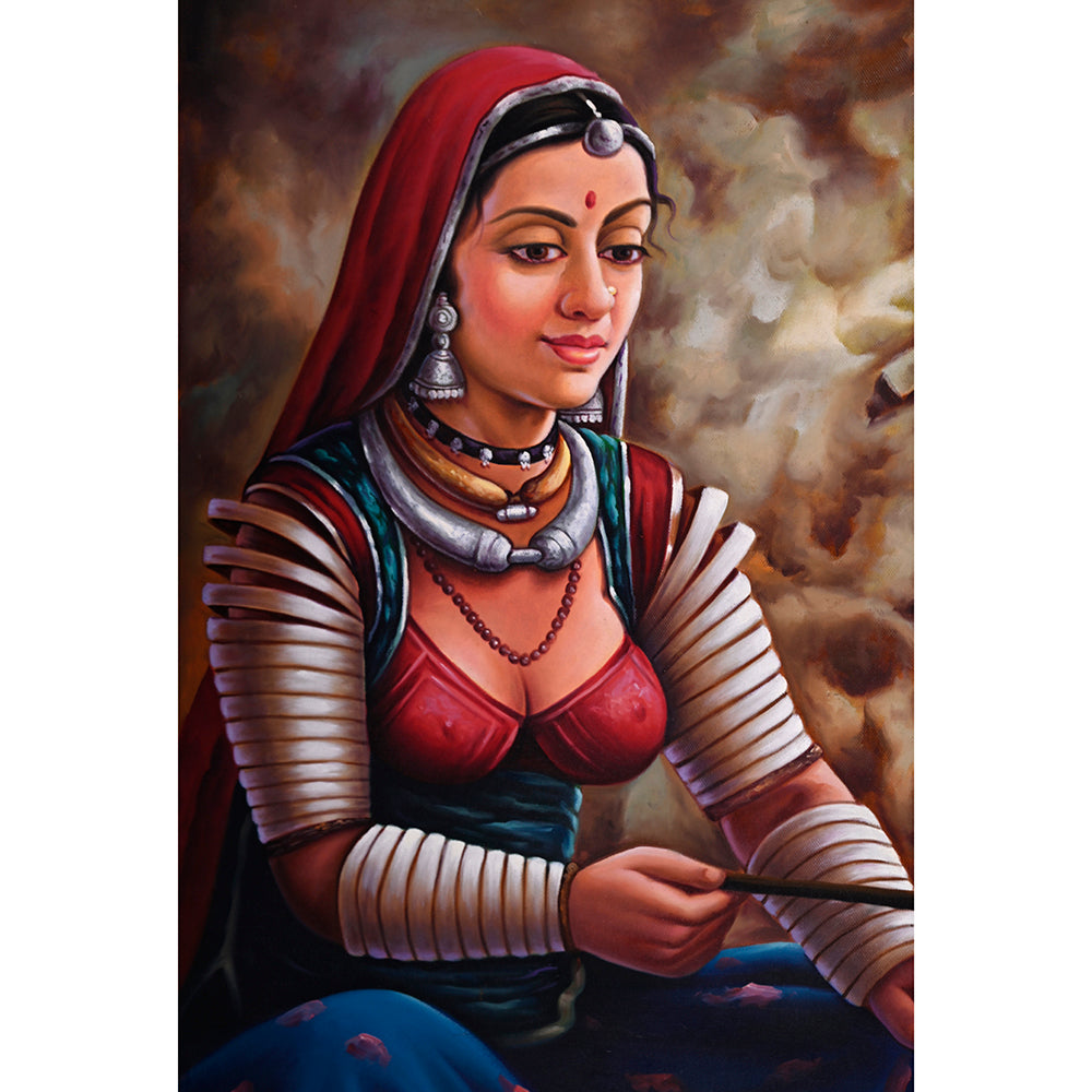 Rajasthani Woman Churning Ghee Canvas Painting - Hand-Painted Acrylic Art