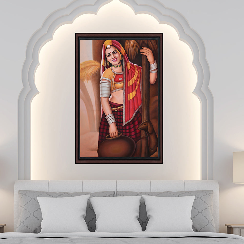 Rajasthani Woman with Matka Canvas Painting - Hand-Painted Acrylic Art