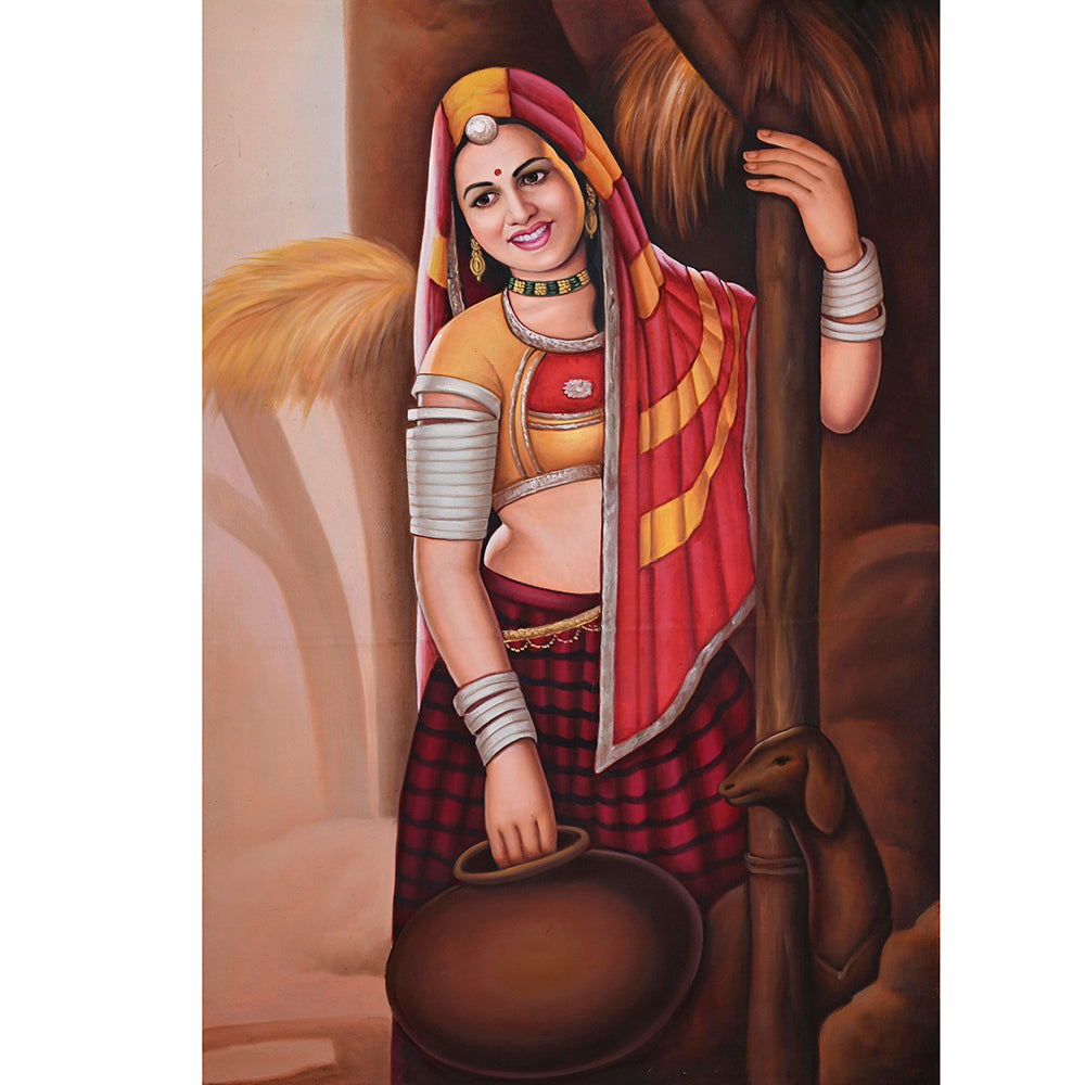 Rajasthani Woman with Matka Canvas Painting - Hand-Painted Acrylic Art