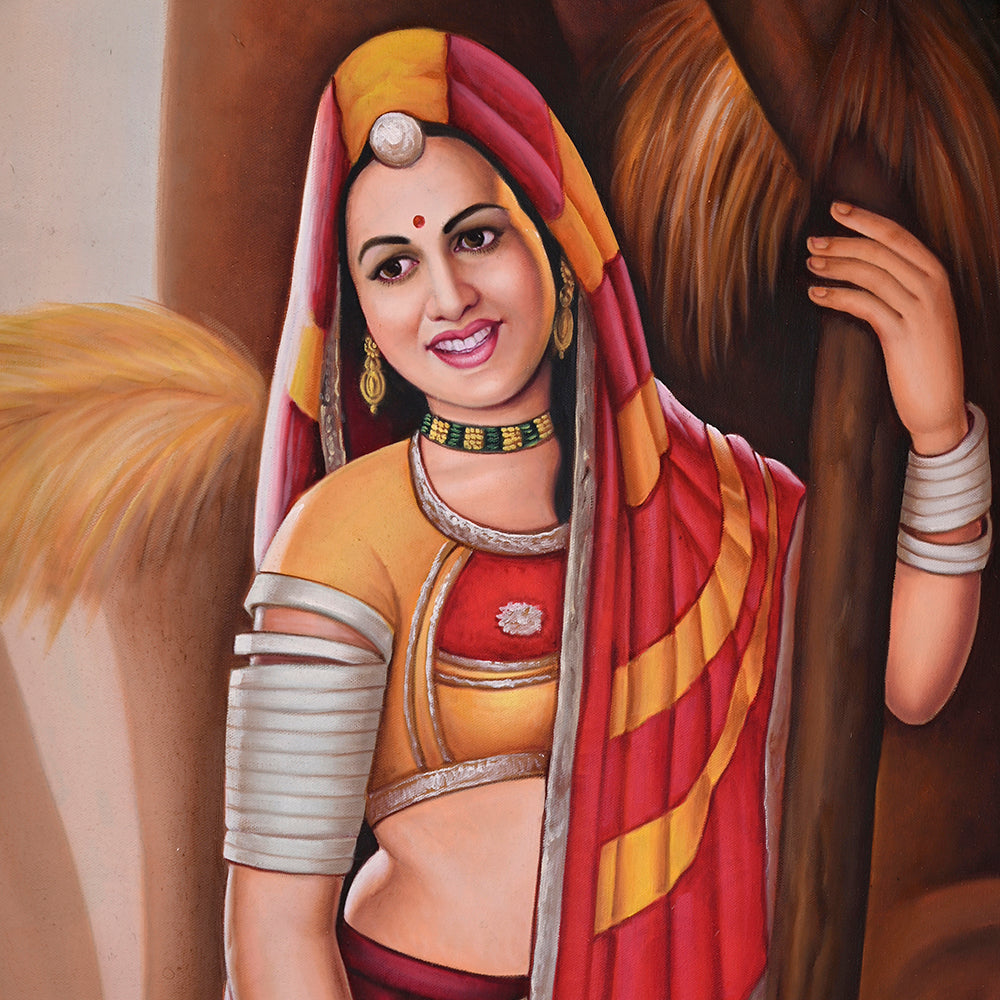 Rajasthani Woman with Matka Canvas Painting - Hand-Painted Acrylic Art