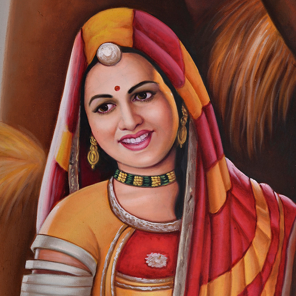 Rajasthani Woman with Matka Canvas Painting - Hand-Painted Acrylic Art