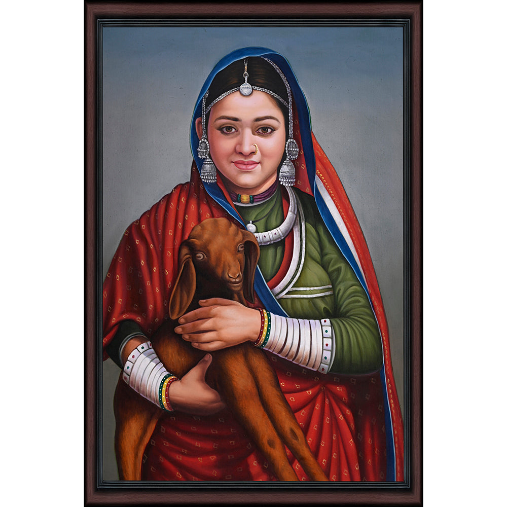 Rajasthani Woman with Goat Canvas Painting - Hand-Painted Acrylic Art (2 x 3 ft)