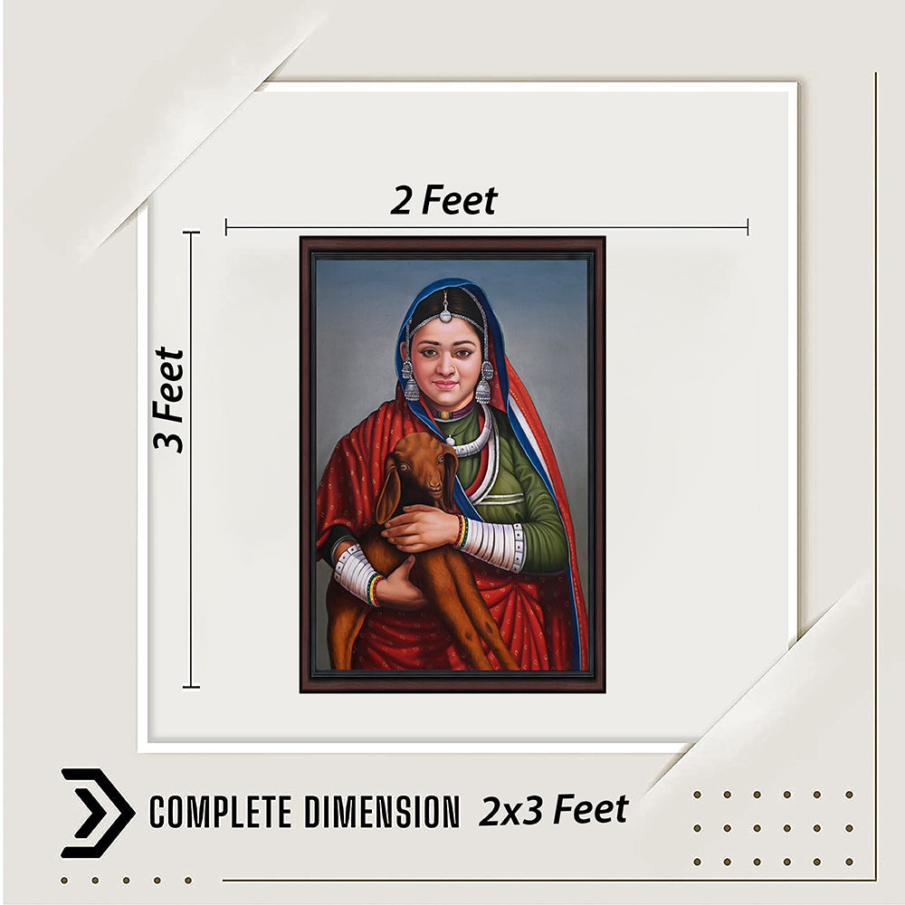 Rajasthani Woman with Goat Canvas Painting - Hand-Painted Acrylic Art (2 x 3 ft)