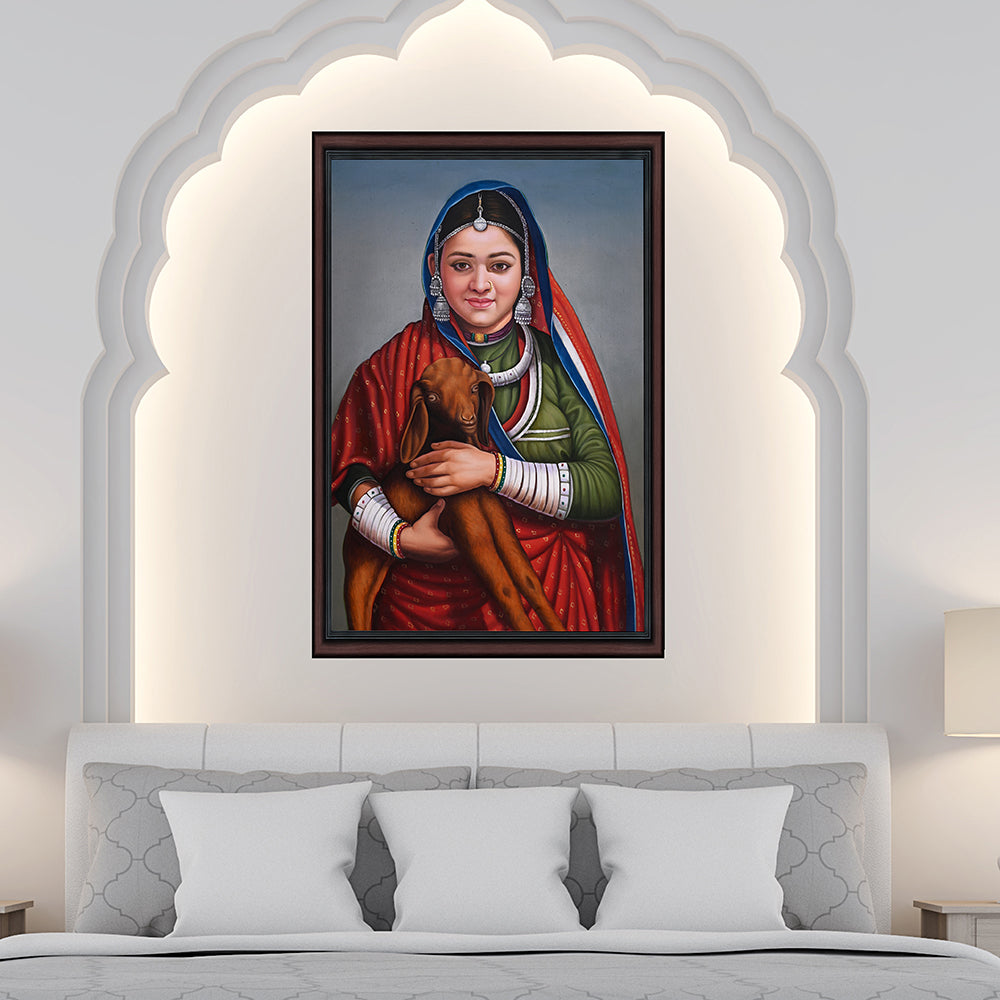 Rajasthani Woman with Goat Canvas Painting - Hand-Painted Acrylic Art (2 x 3 ft)