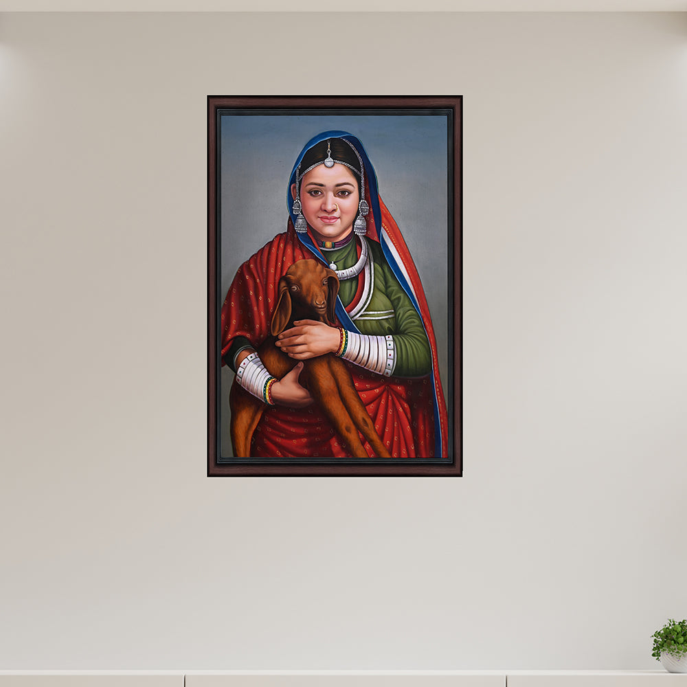 Rajasthani Woman with Goat Canvas Painting - Hand-Painted Acrylic Art (2 x 3 ft)