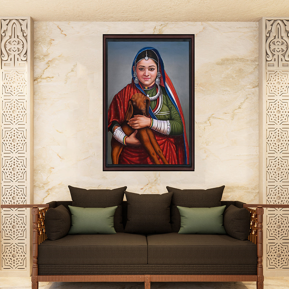 Rajasthani Woman with Goat Canvas Painting - Hand-Painted Acrylic Art (2 x 3 ft)