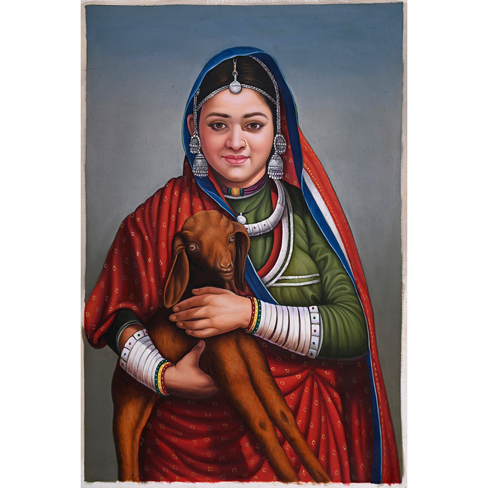 Rajasthani Woman with Goat Canvas Painting - Hand-Painted Acrylic Art (2 x 3 ft)