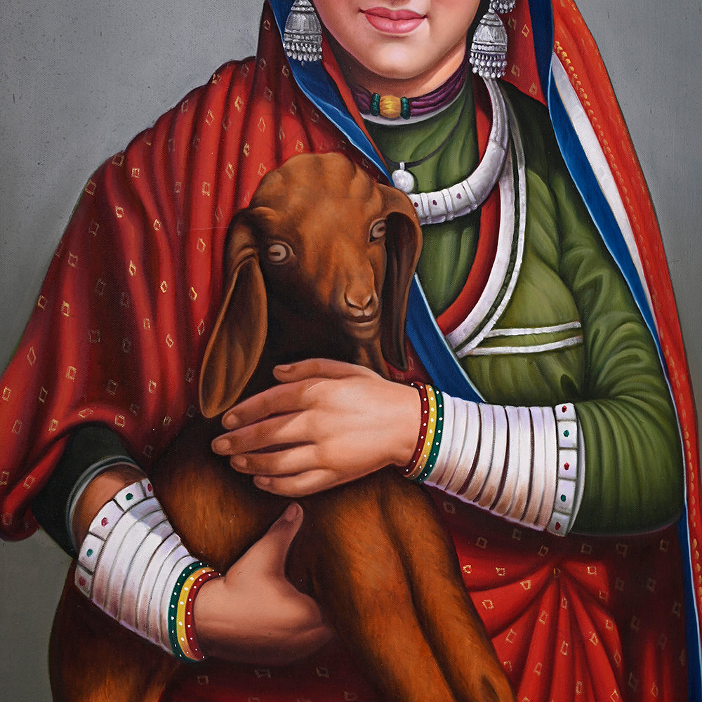 Rajasthani Woman with Goat Canvas Painting - Hand-Painted Acrylic Art (2 x 3 ft)