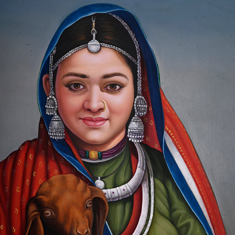 Rajasthani Woman with Goat Canvas Painting - Hand-Painted Acrylic Art (2 x 3 ft)