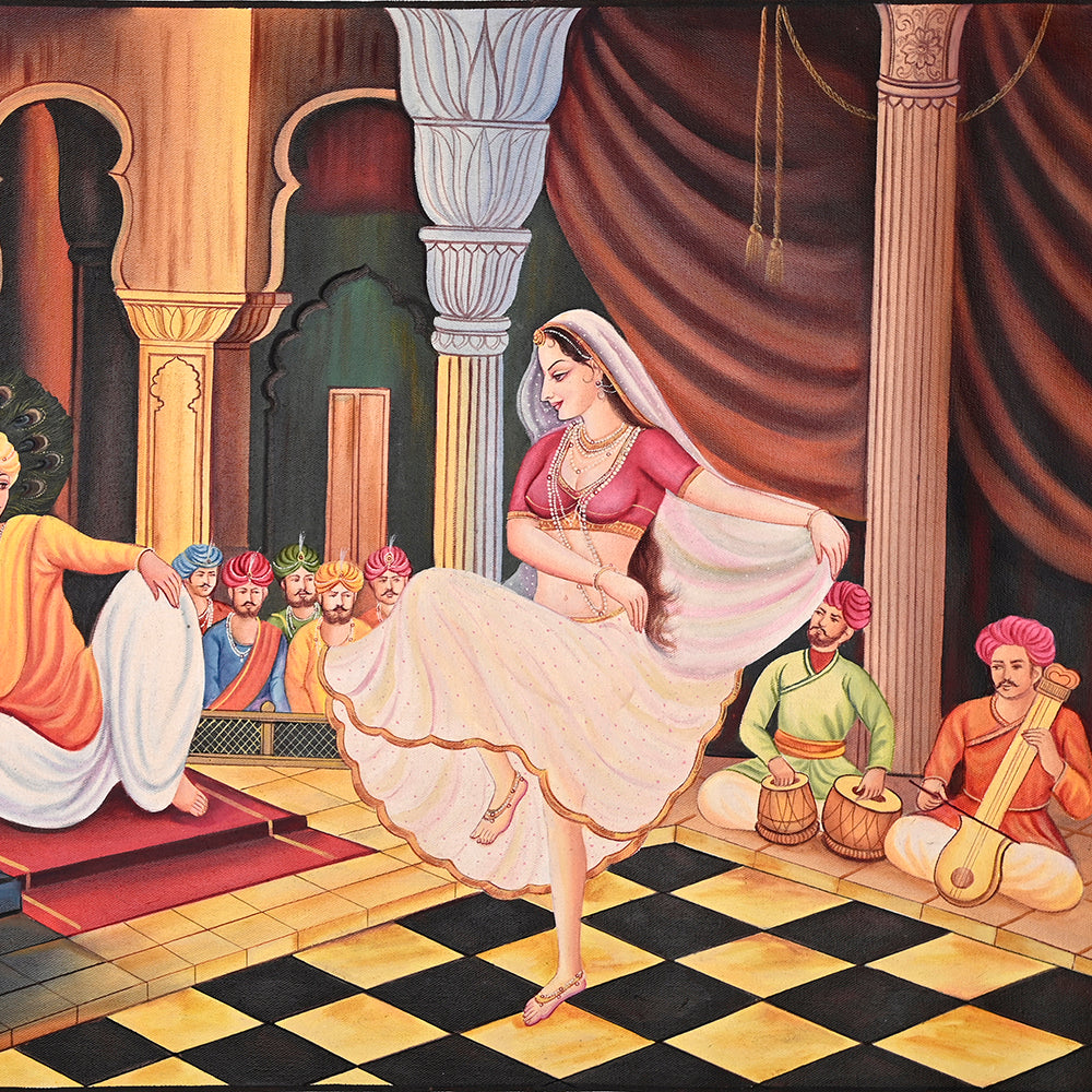 Rajasthani Court Dance Canvas Painting - Hand-Painted Acrylic Art