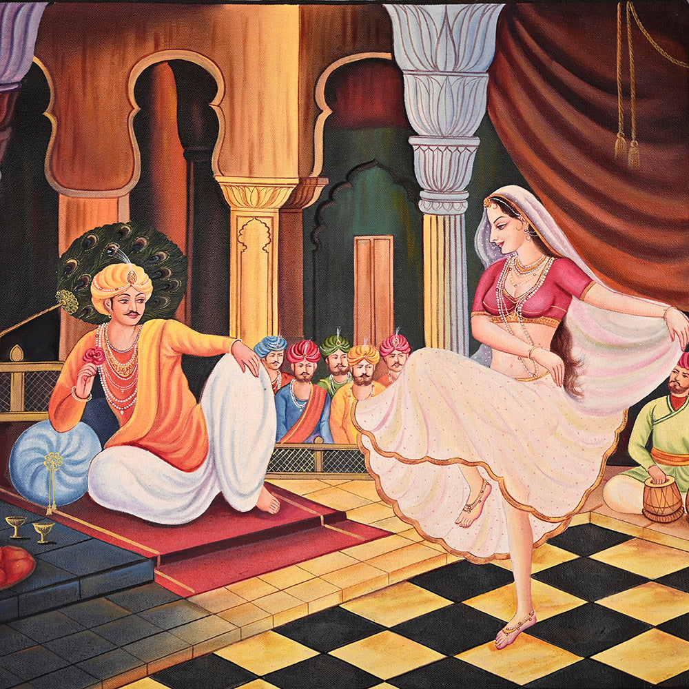 Rajasthani Court Dance Canvas Painting - Hand-Painted Acrylic Art