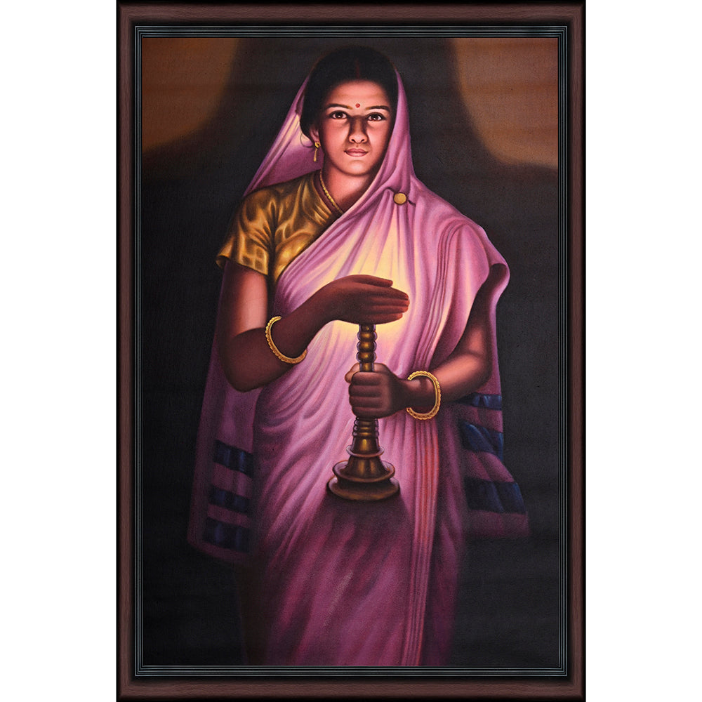 Rajasthani Woman with Candle Canvas Painting - Hand-Painted Acrylic Art