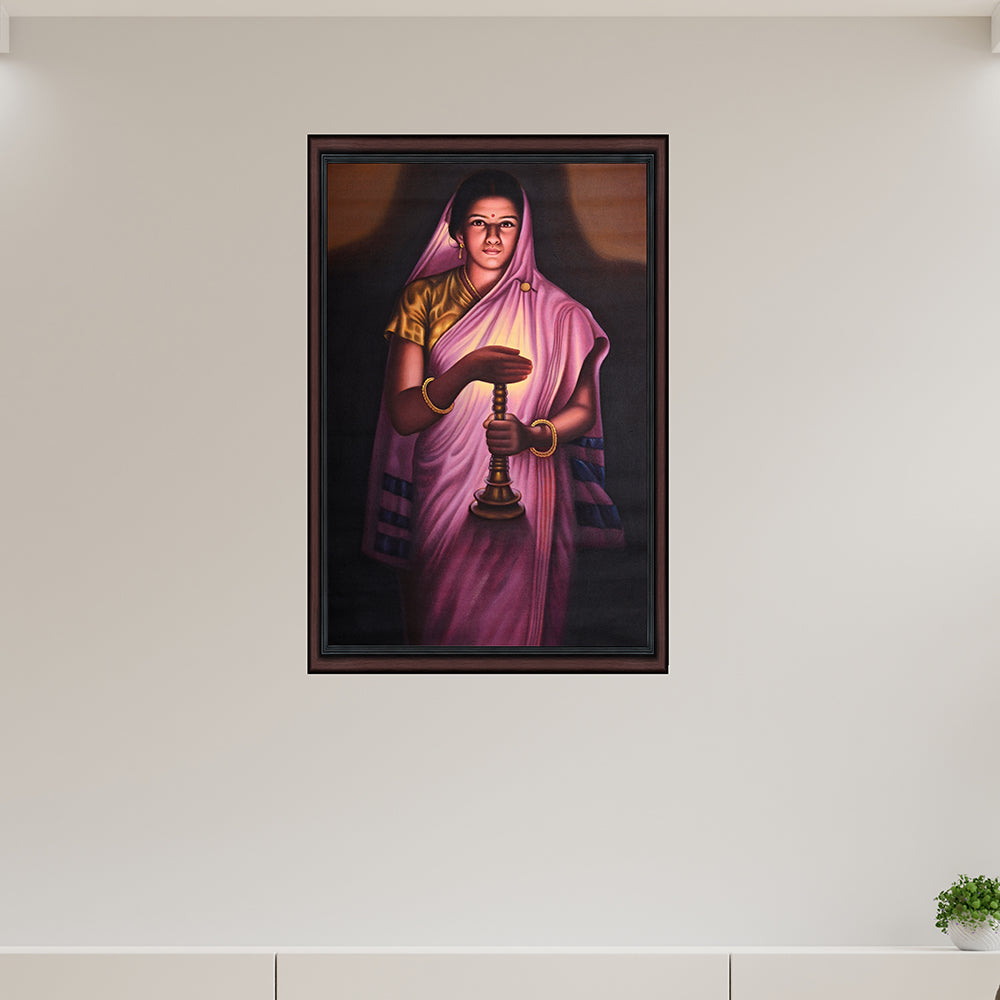 Rajasthani Woman with Candle Canvas Painting - Hand-Painted Acrylic Art