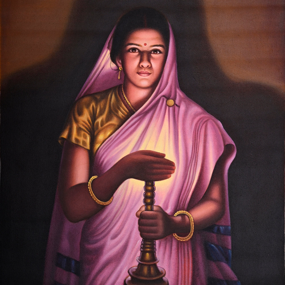 Rajasthani Woman with Candle Canvas Painting - Hand-Painted Acrylic Art