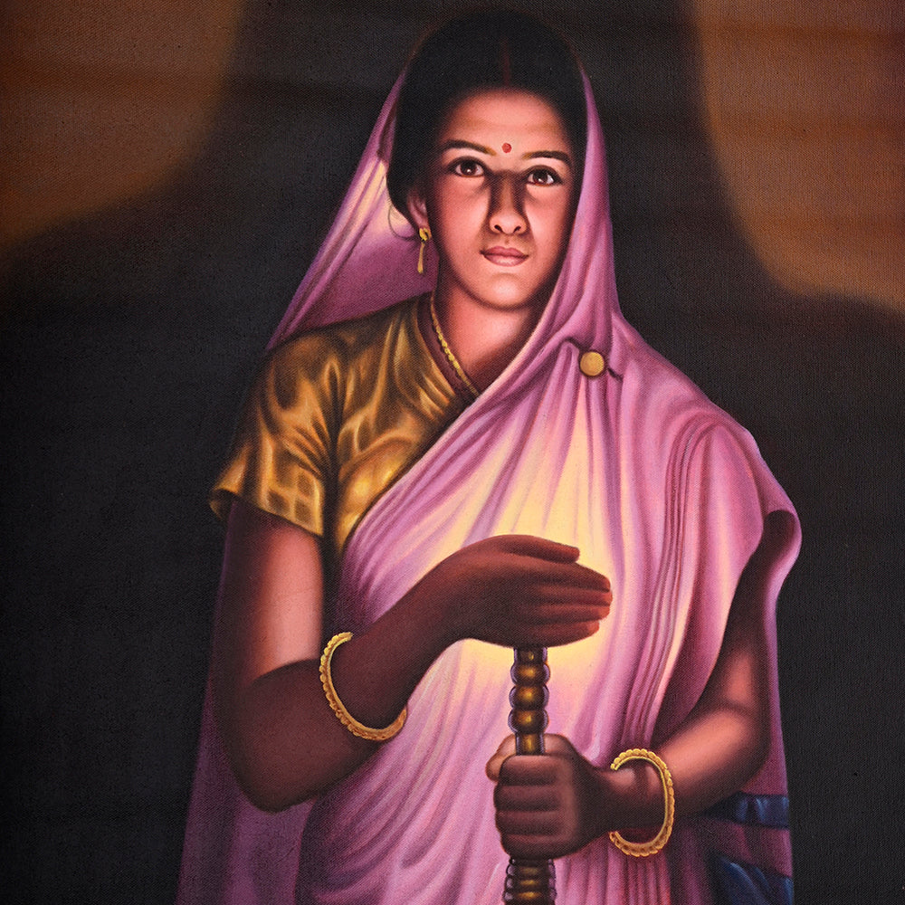 Rajasthani Woman with Candle Canvas Painting - Hand-Painted Acrylic Art