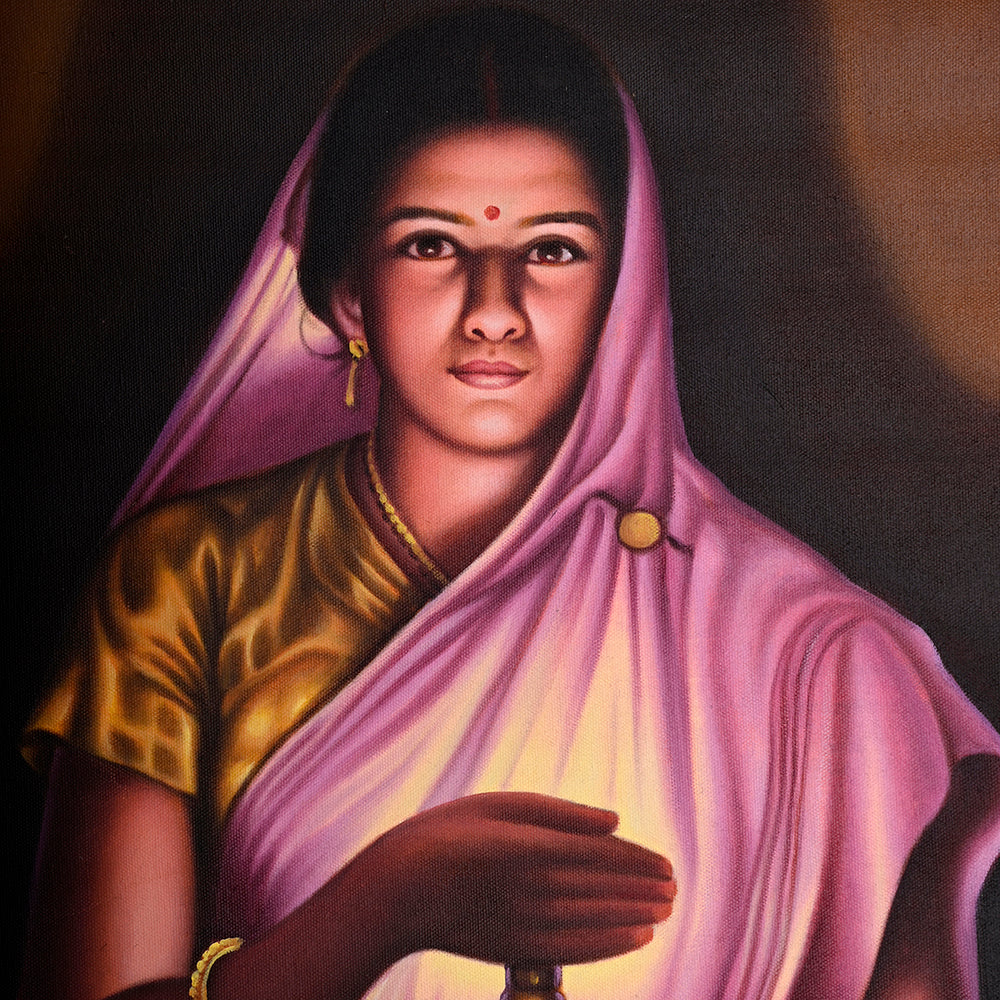 Rajasthani Woman with Candle Canvas Painting - Hand-Painted Acrylic Art