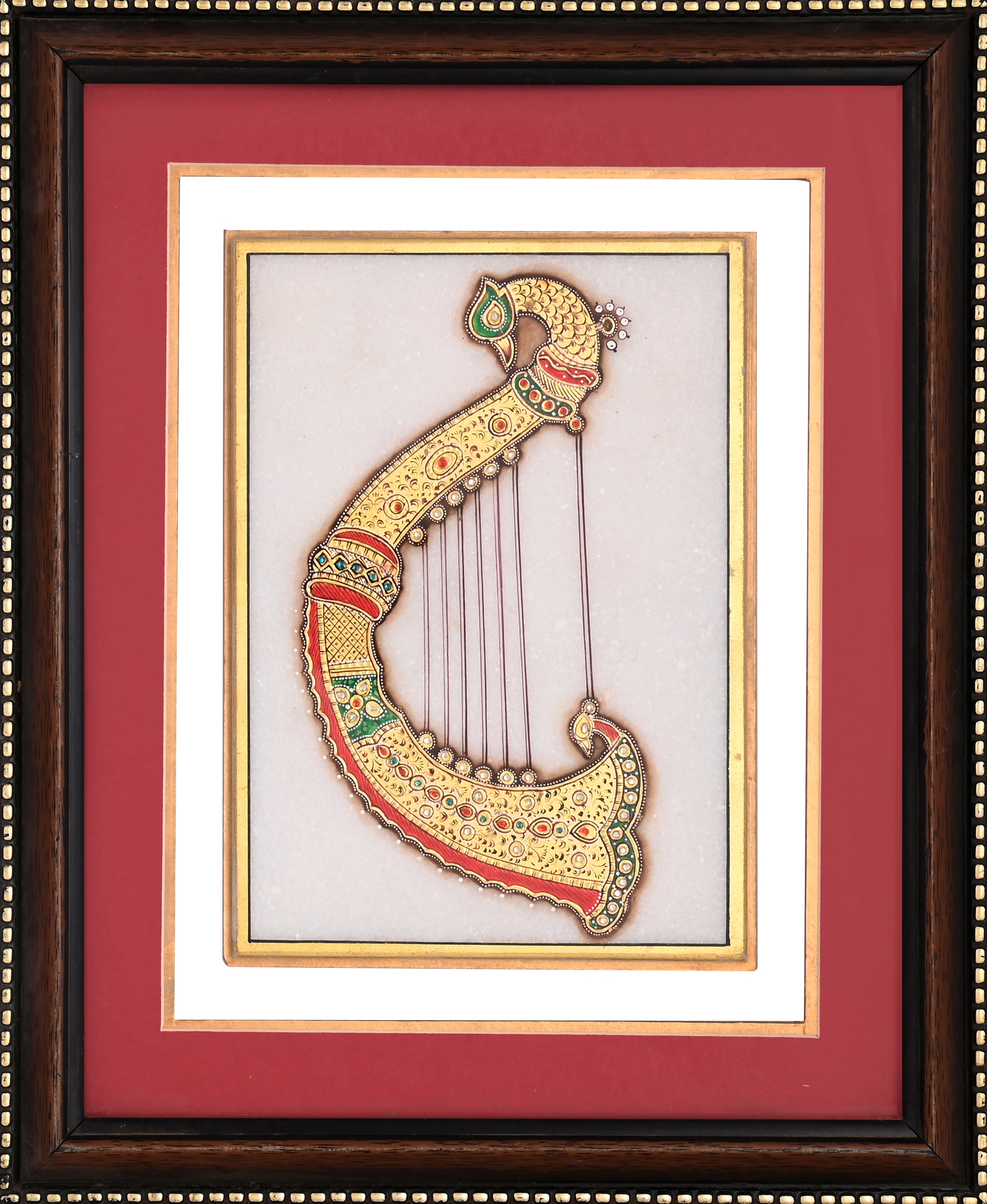 Jewelled Veena with Peacock Scroll — Musical Instrument Miniature on Paper