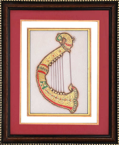 Jewelled Veena with Peacock Scroll — Musical Instrument Miniature on Paper