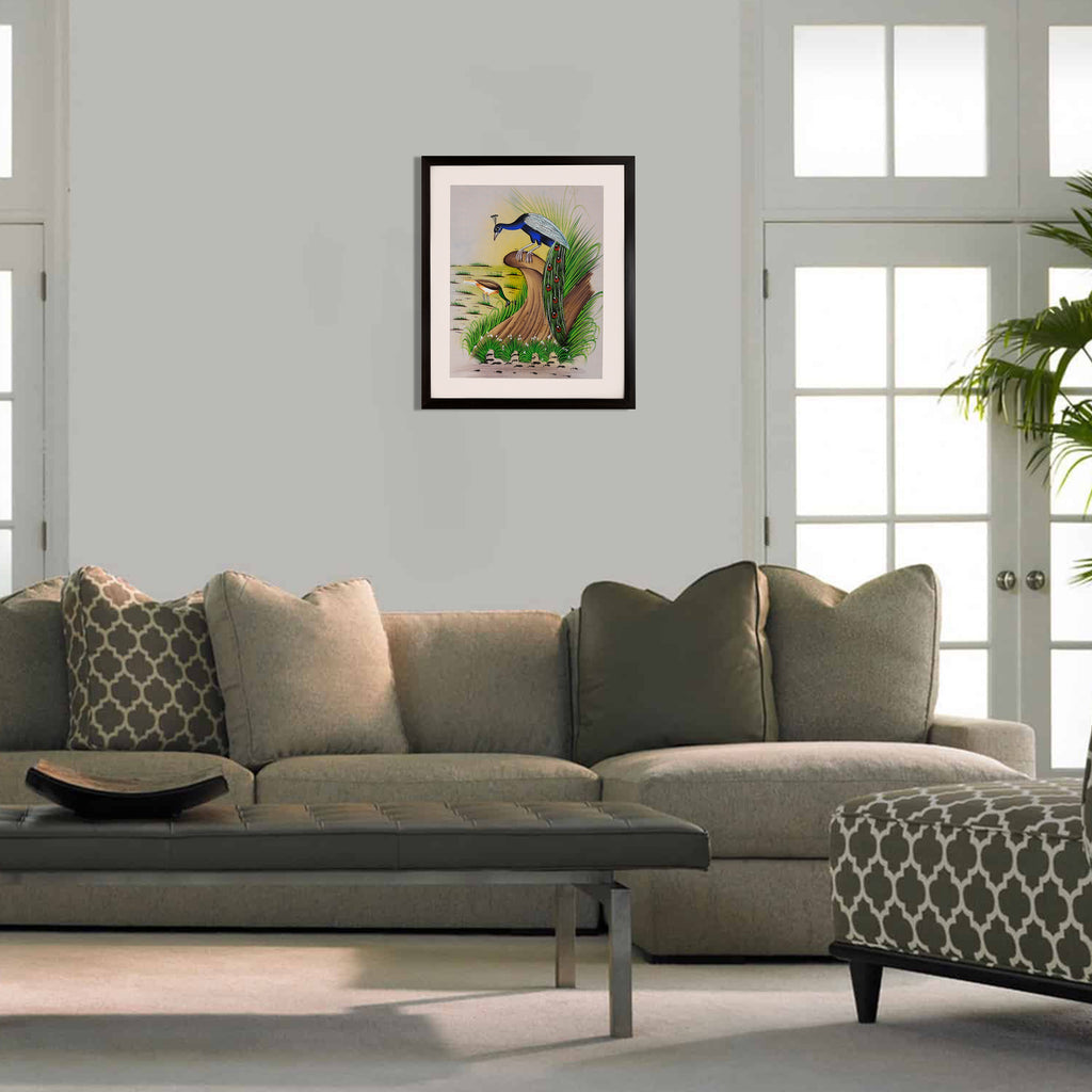Peacock and Jacana by a Grassy Shore — Cloth Painting (14×11 in)