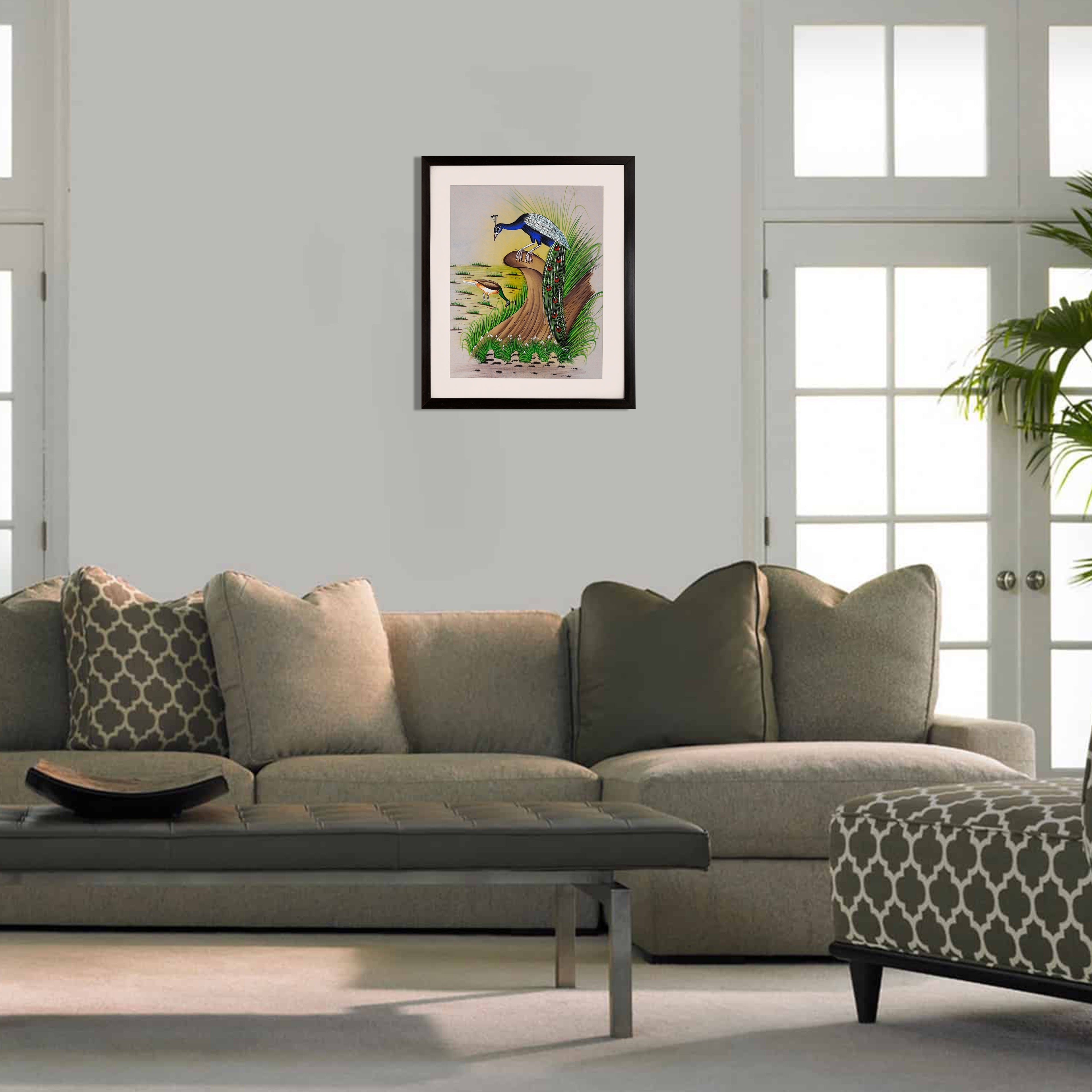 Peacock and Jacana by a Grassy Shore — Cloth Painting (14×11 in)