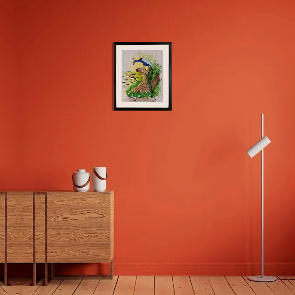 Peacock and Jacana by a Grassy Shore — Cloth Painting (14×11 in)