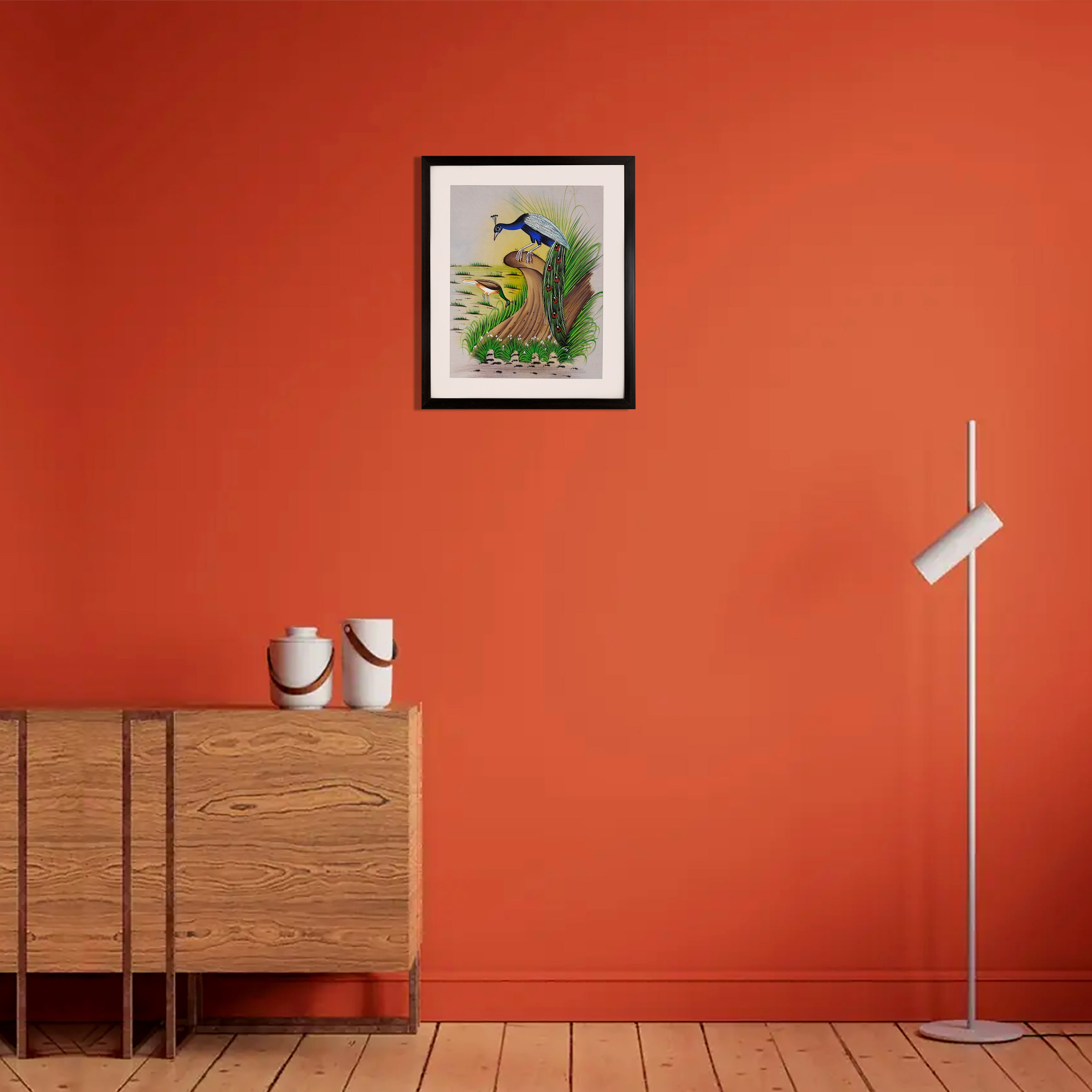 Peacock and Jacana by a Grassy Shore — Cloth Painting (14×11 in)