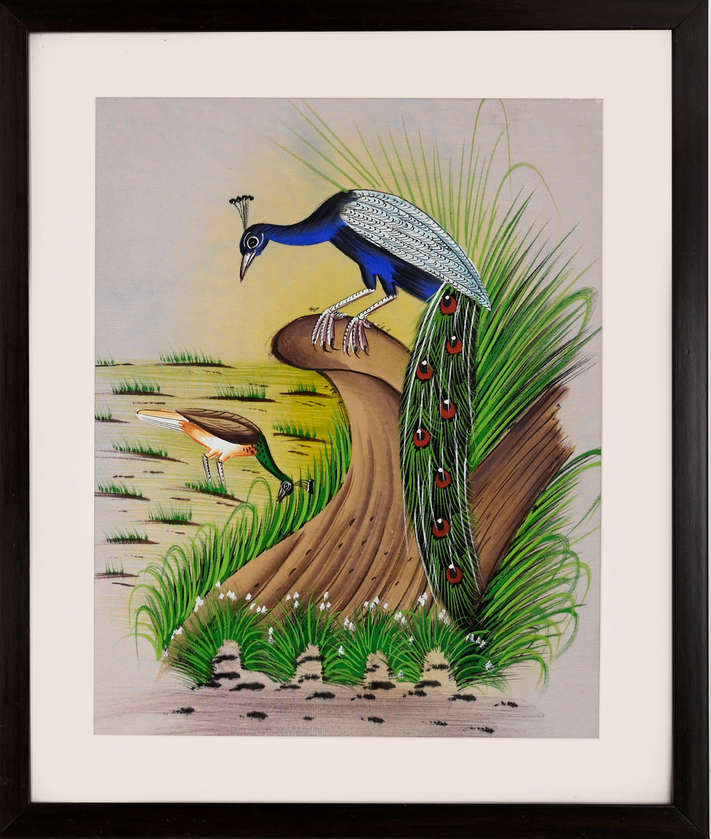 Peacock and Jacana by a Grassy Shore — Cloth Painting (14×11 in)