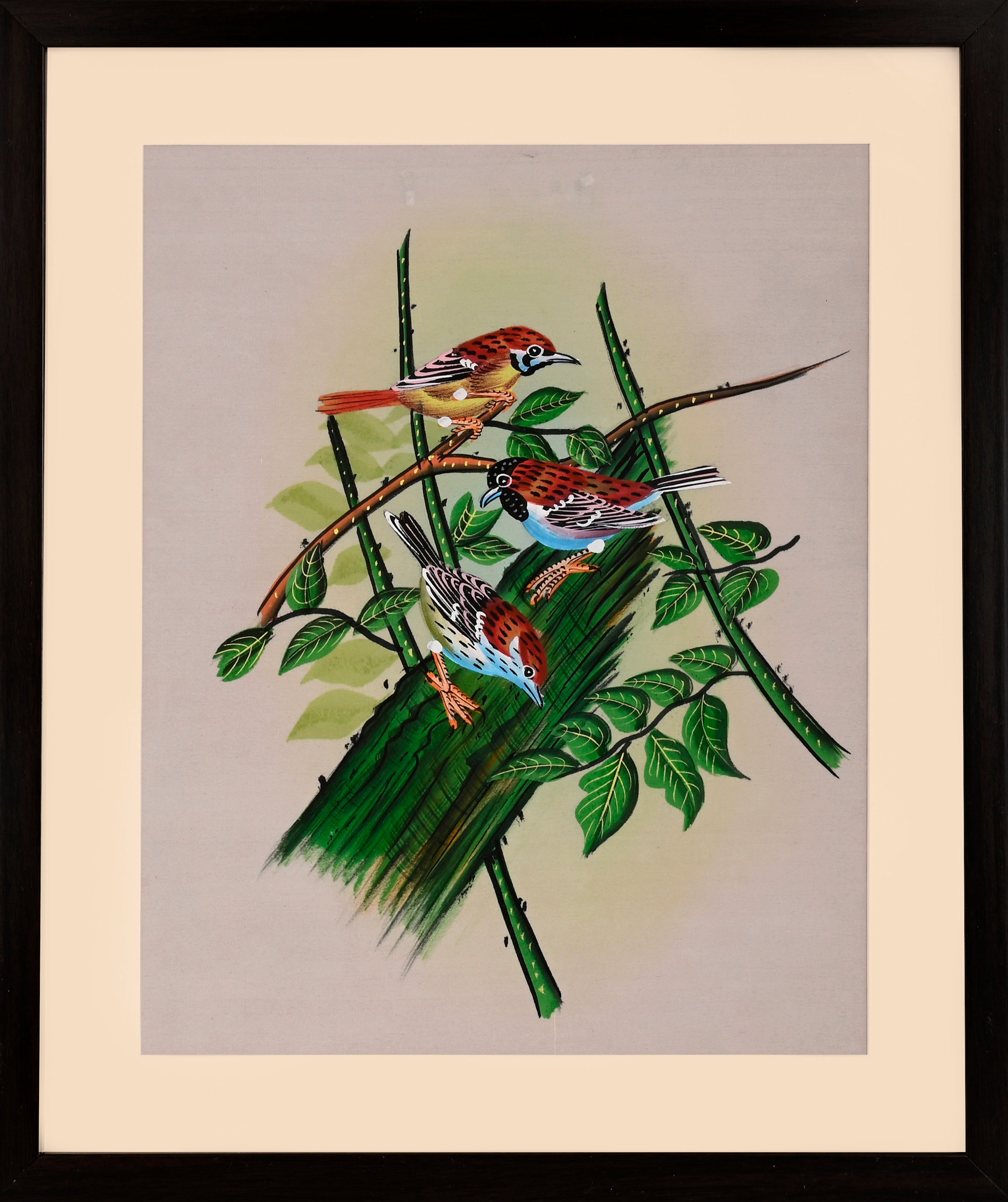 Three Green Birds on Blossoming Branches — Cloth Painting (14×11 in)