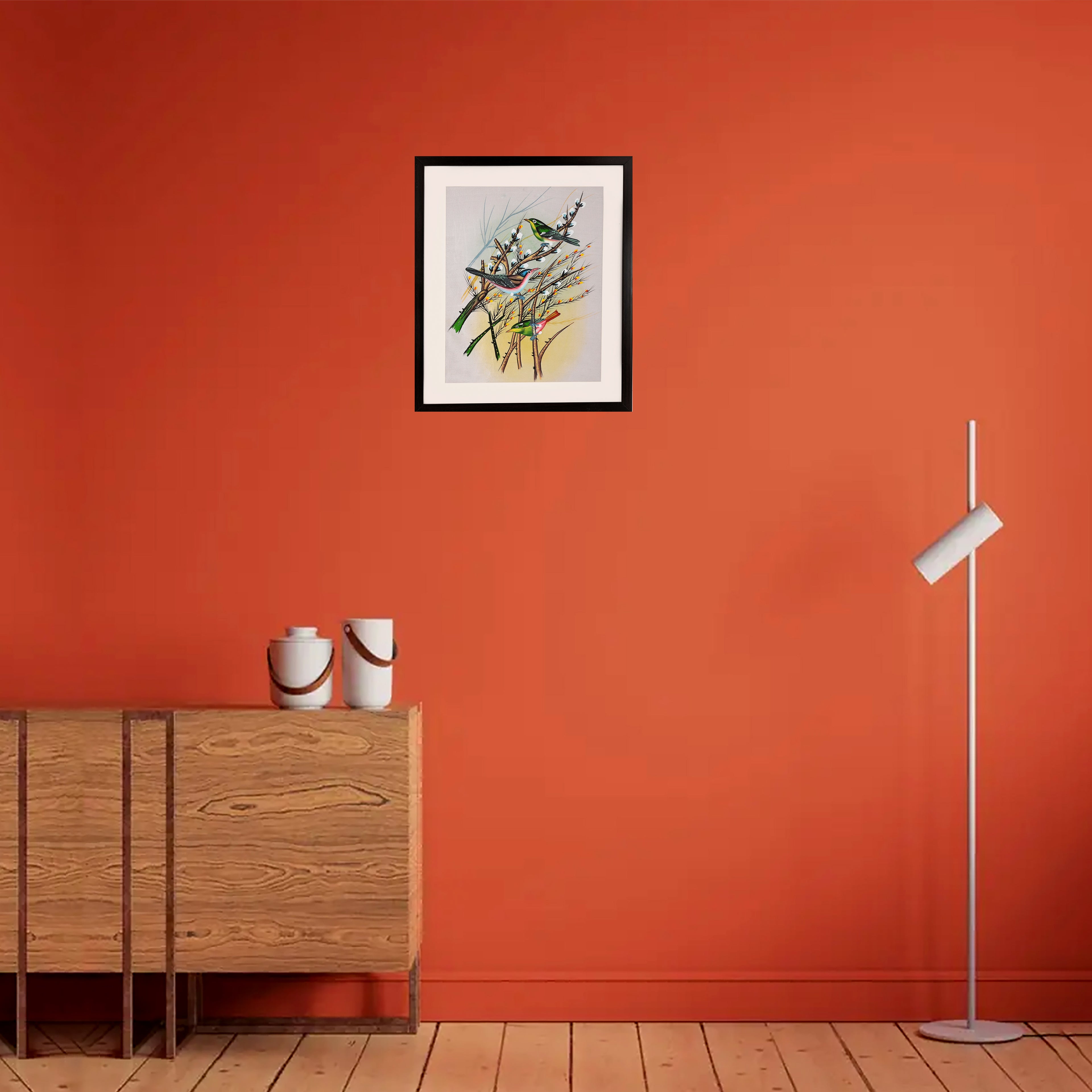 Three Rufous Birds on Green Cane Stems — Cloth Painting (14×11 in)