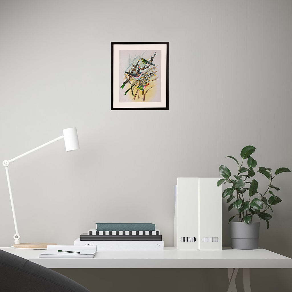 Three Rufous Birds on Green Cane Stems — Cloth Painting (14×11 in)