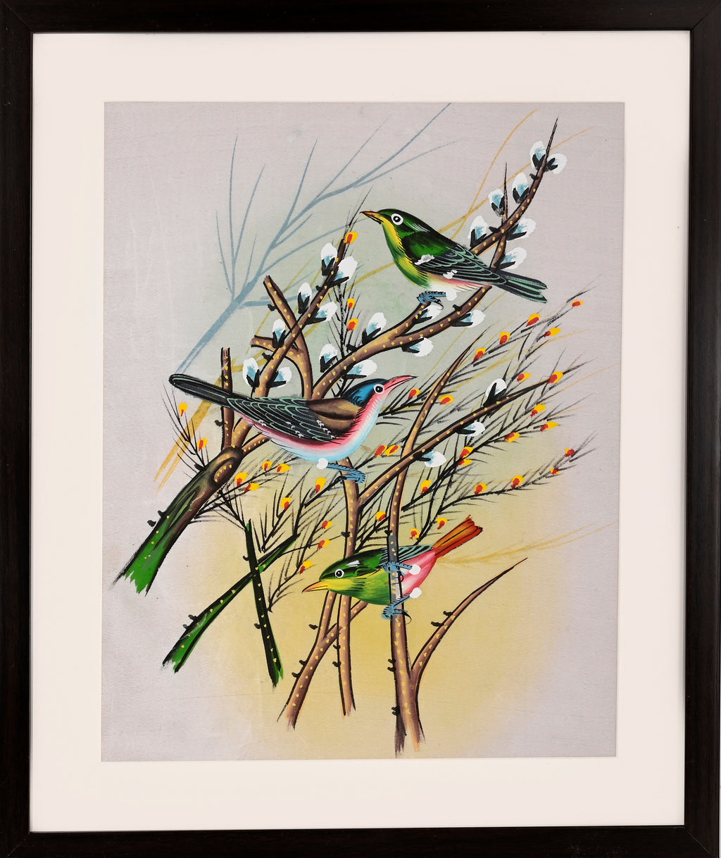 Three Rufous Birds on Green Cane Stems — Cloth Painting (14×11 in)