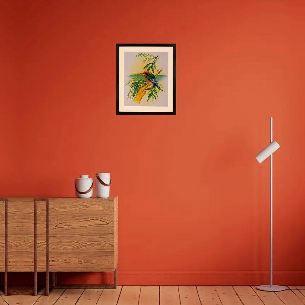 Red-Headed Kingfisher on a Riverbank Branch — Cloth Painting (14×11 in)