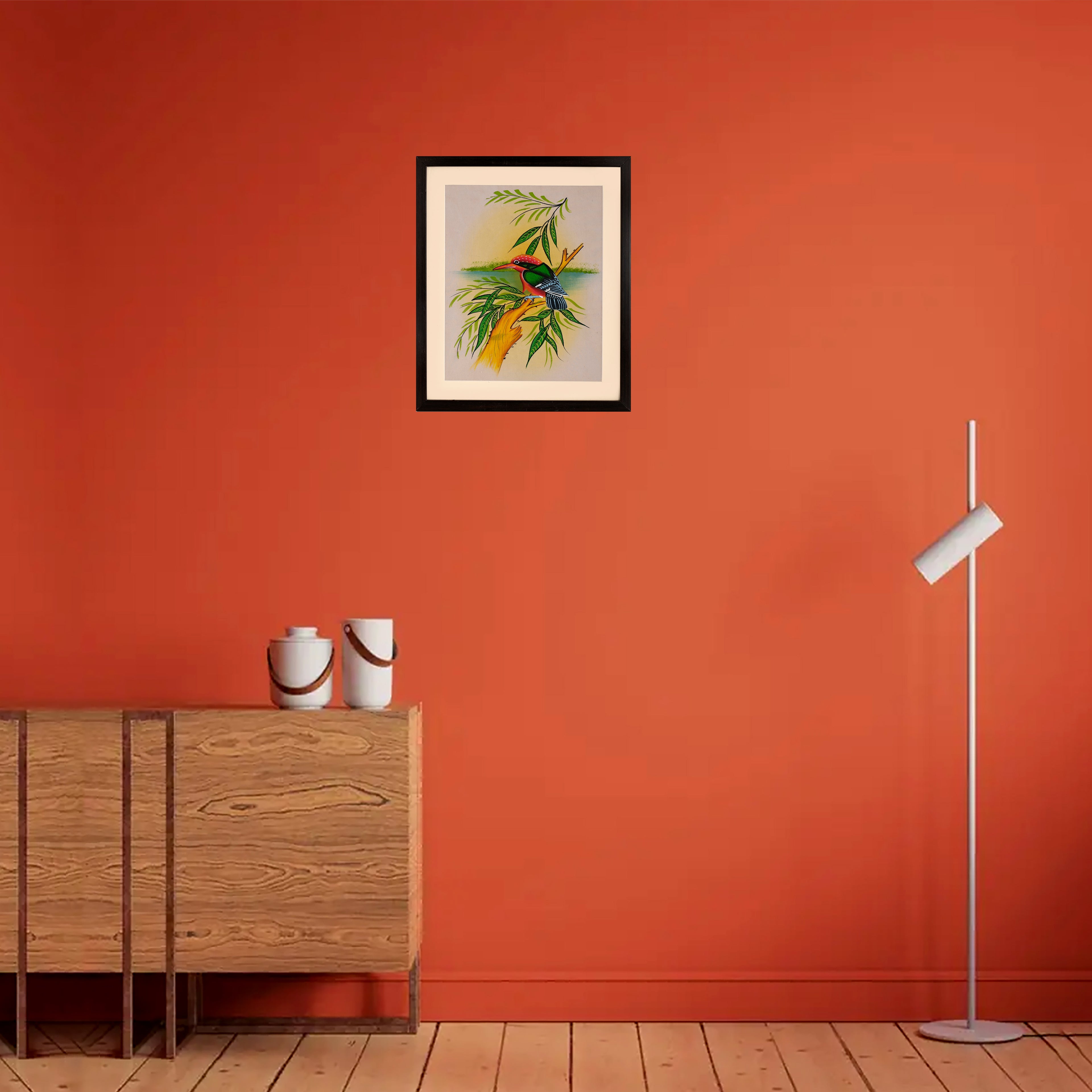 Red-Headed Kingfisher on a Riverbank Branch — Cloth Painting (14×11 in)