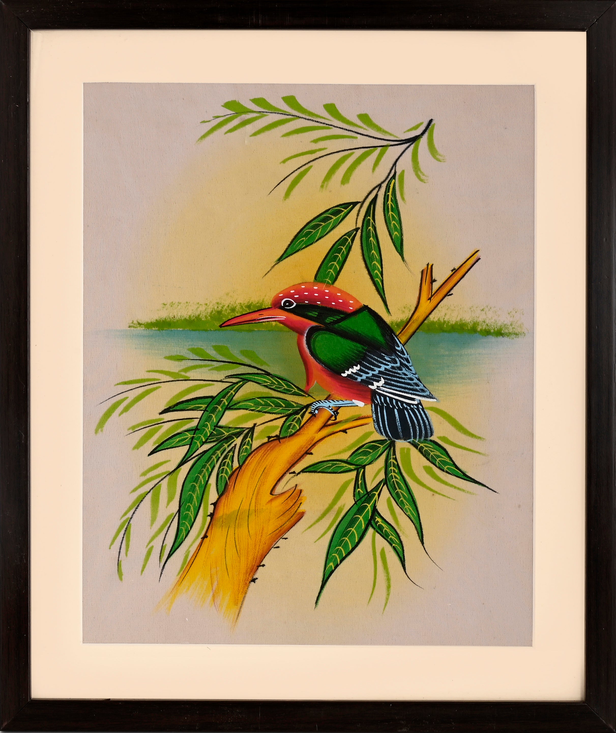 Red-Headed Kingfisher on a Riverbank Branch — Cloth Painting (14×11 in)