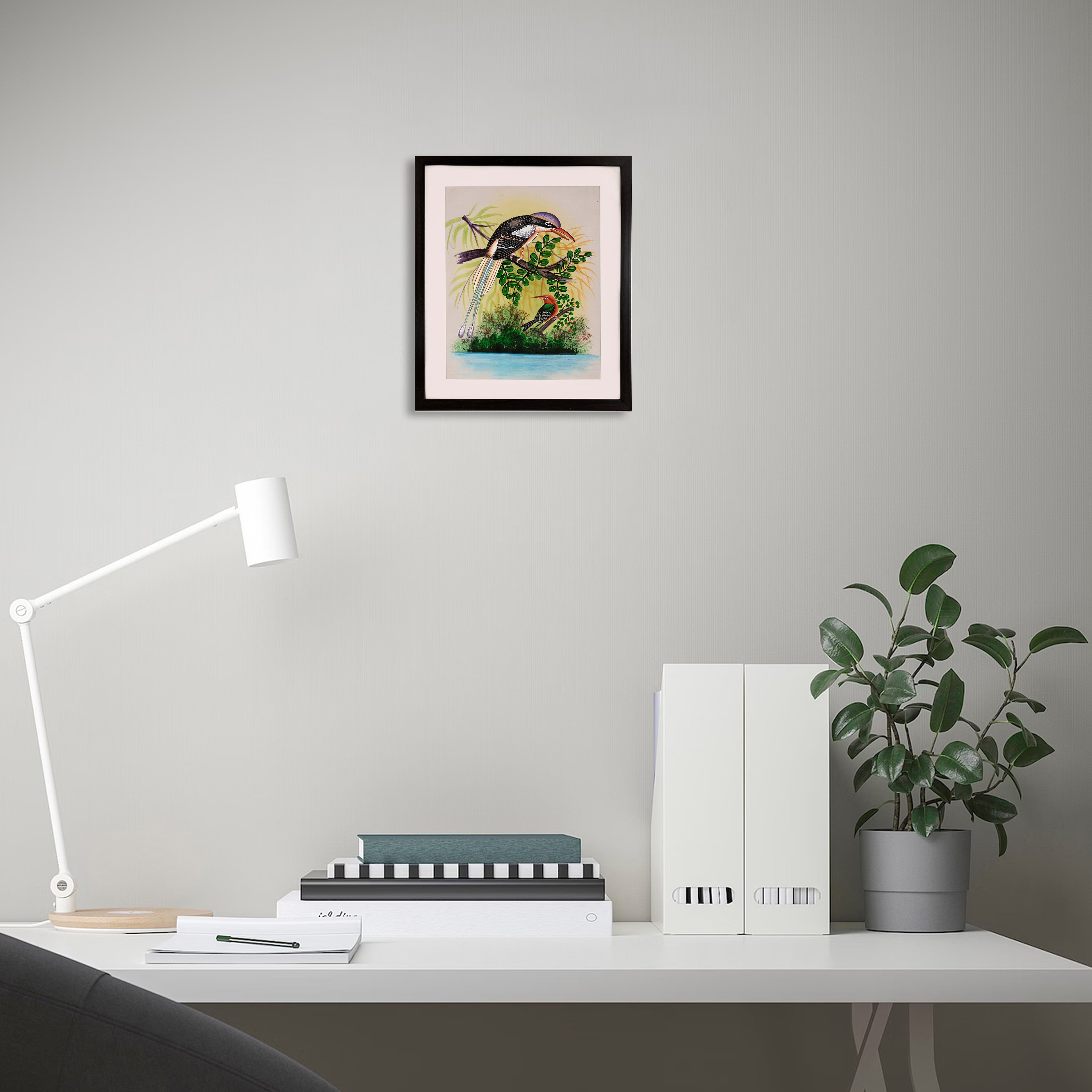 Indian Roller and Woodpecker by the Water — Bird Miniature on Paper (14×11 in)