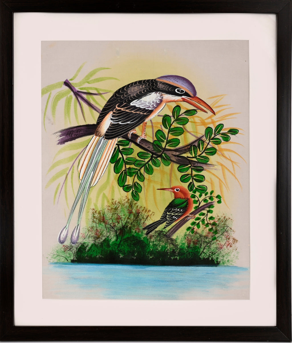 Indian Roller and Woodpecker by the Water — Bird Miniature on Paper (14×11 in)