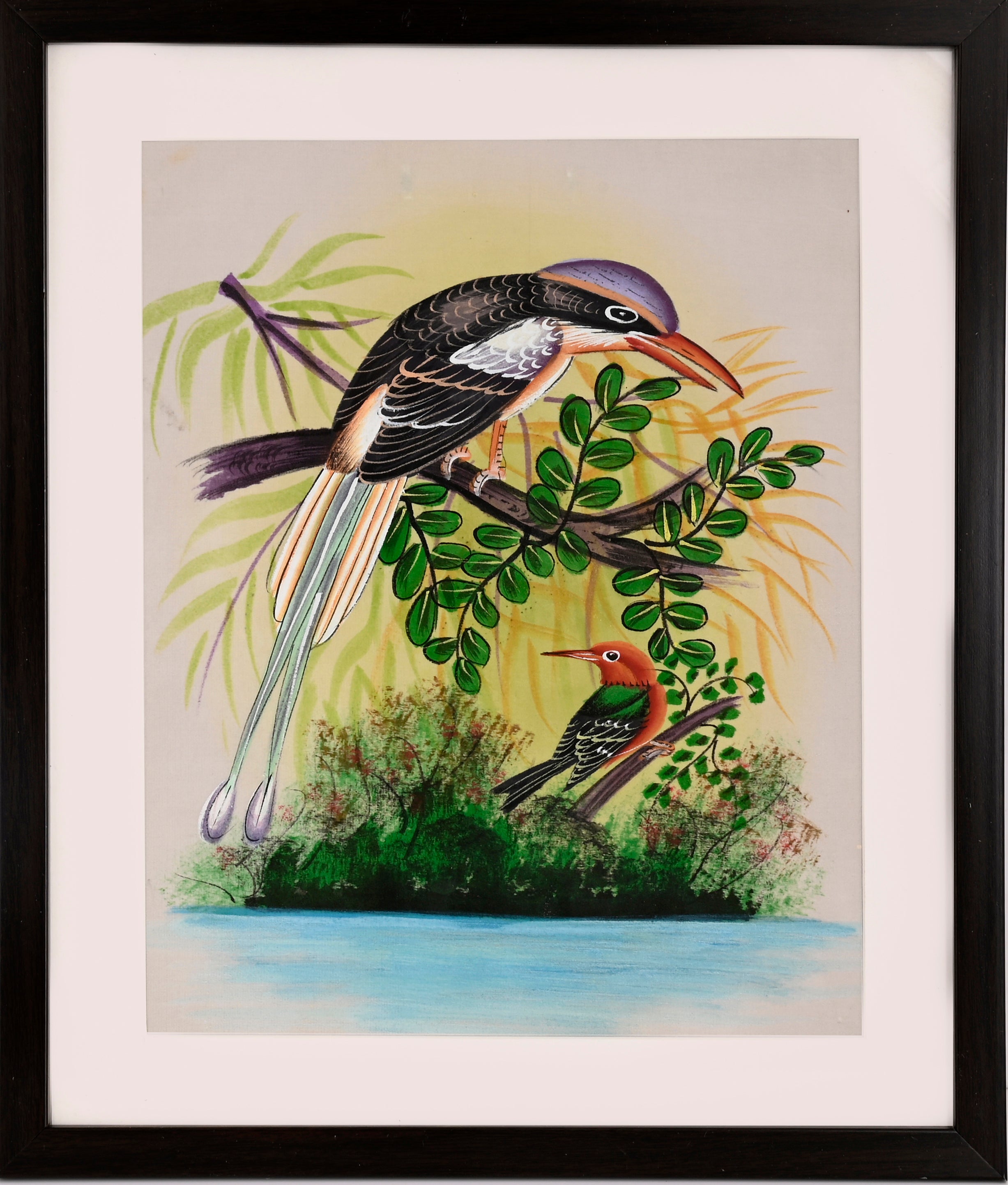 Indian Roller and Woodpecker by the Water — Bird Miniature on Paper (14×11 in)