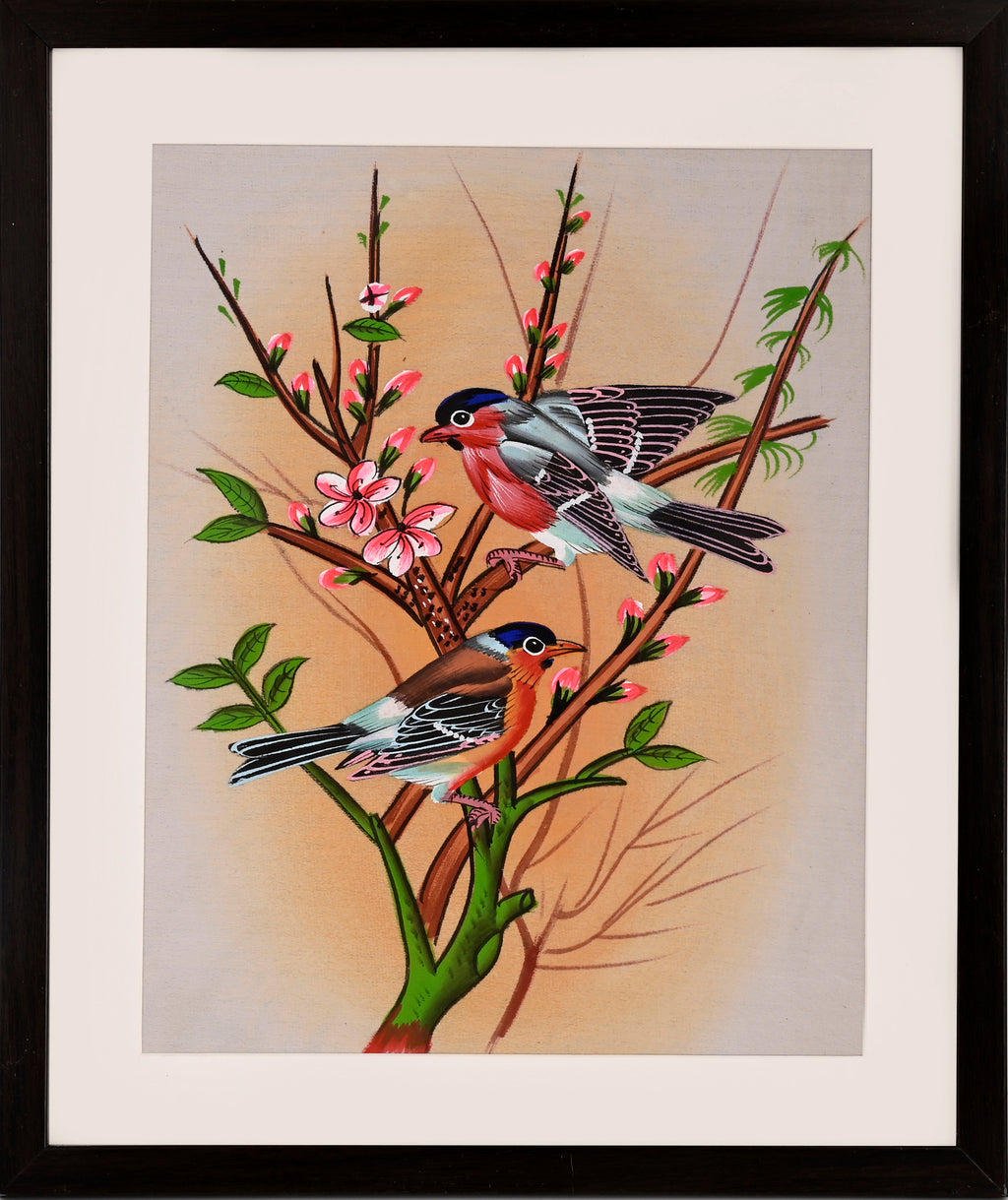 Pair of Finches on a Blossoming Branch — Bird Miniature on Paper (14×11 in)