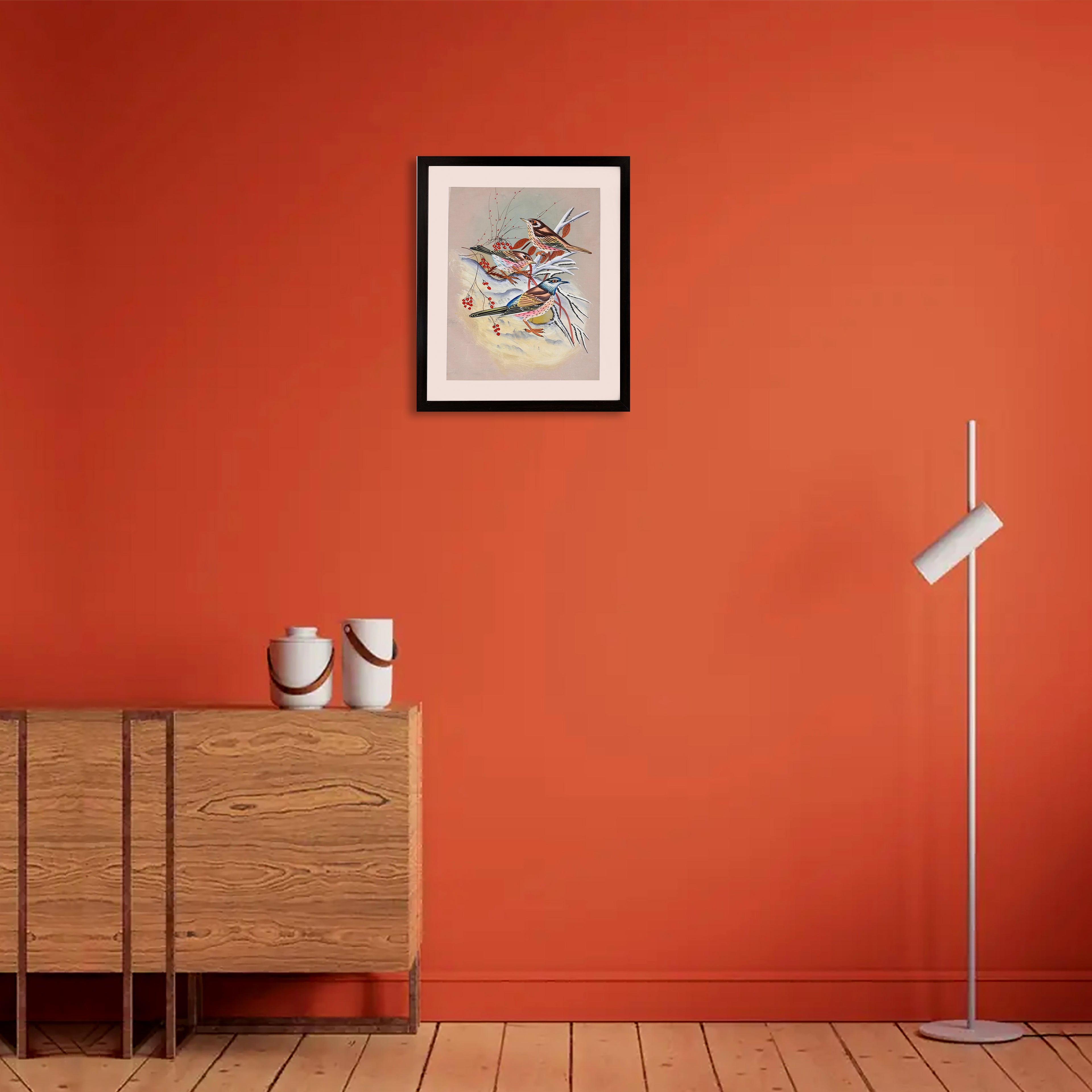 Three Thrushes among Red Berries and Autumn Foliage — Bird Miniature on Paper (14×11 in)