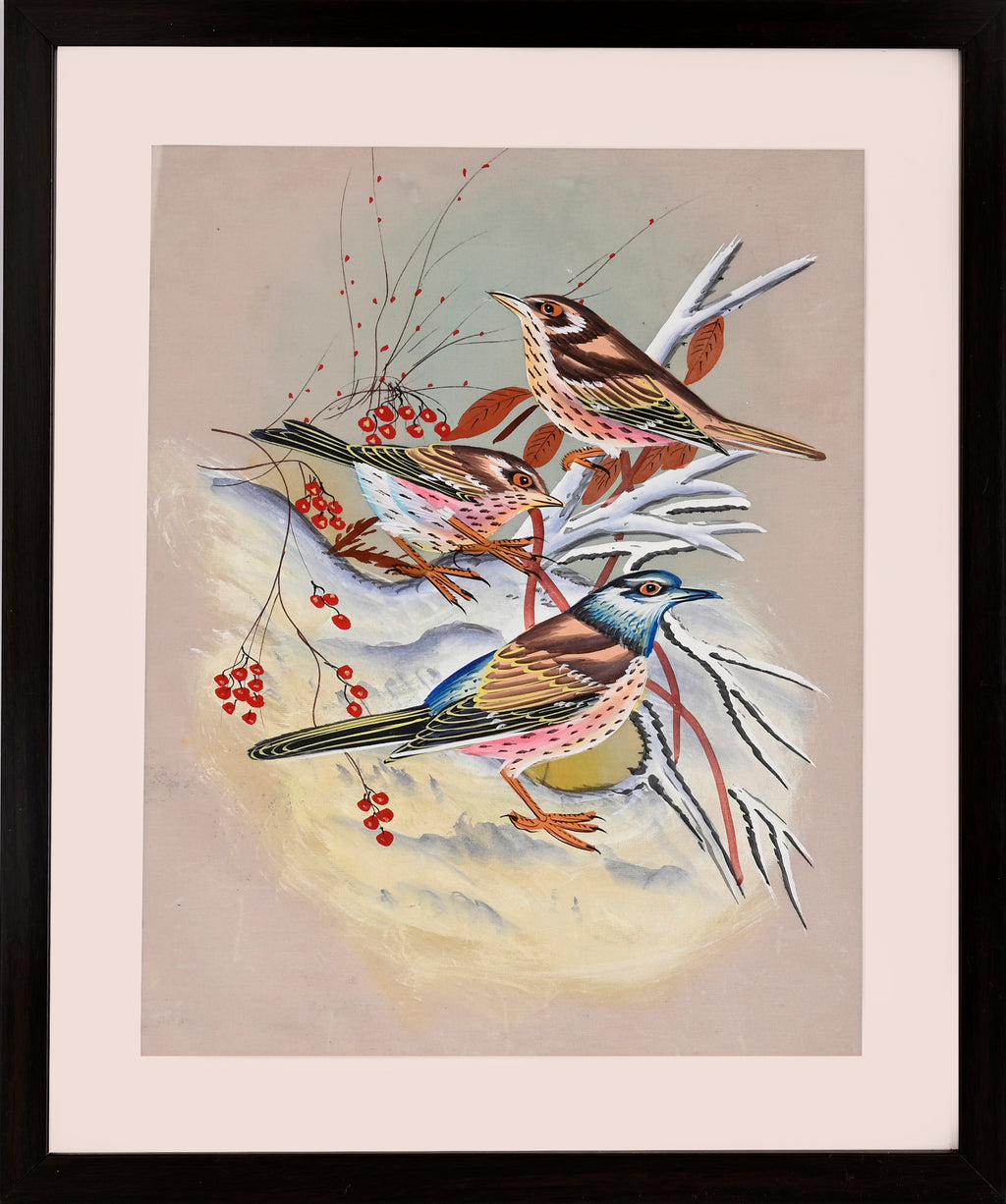Three Thrushes among Red Berries and Autumn Foliage — Bird Miniature on Paper (14×11 in)