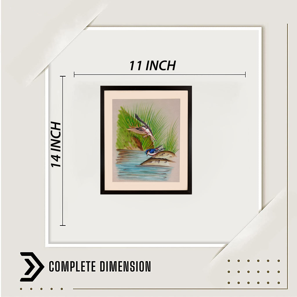 Two River Birds in Flight by a Palm Shore — Bird Miniature on Paper (14×11 in)