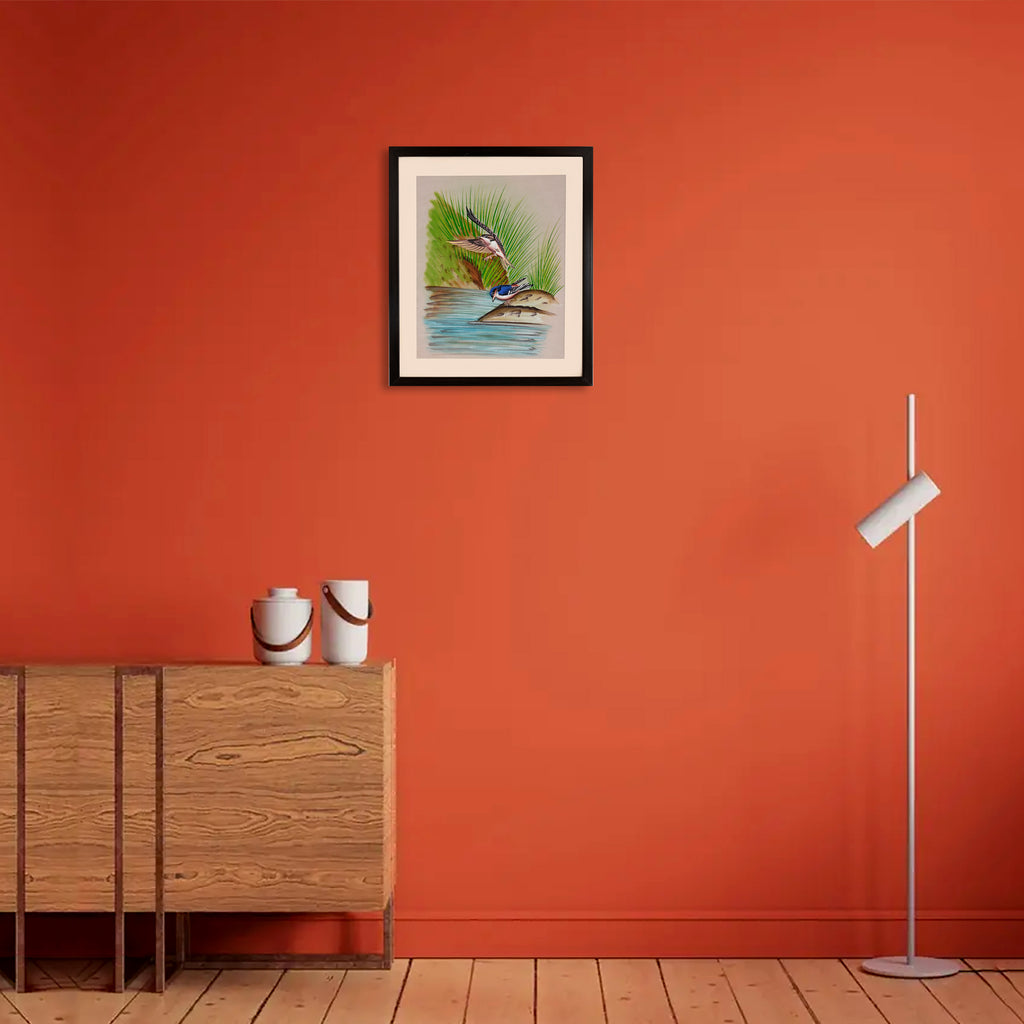 Two River Birds in Flight by a Palm Shore — Bird Miniature on Paper (14×11 in)